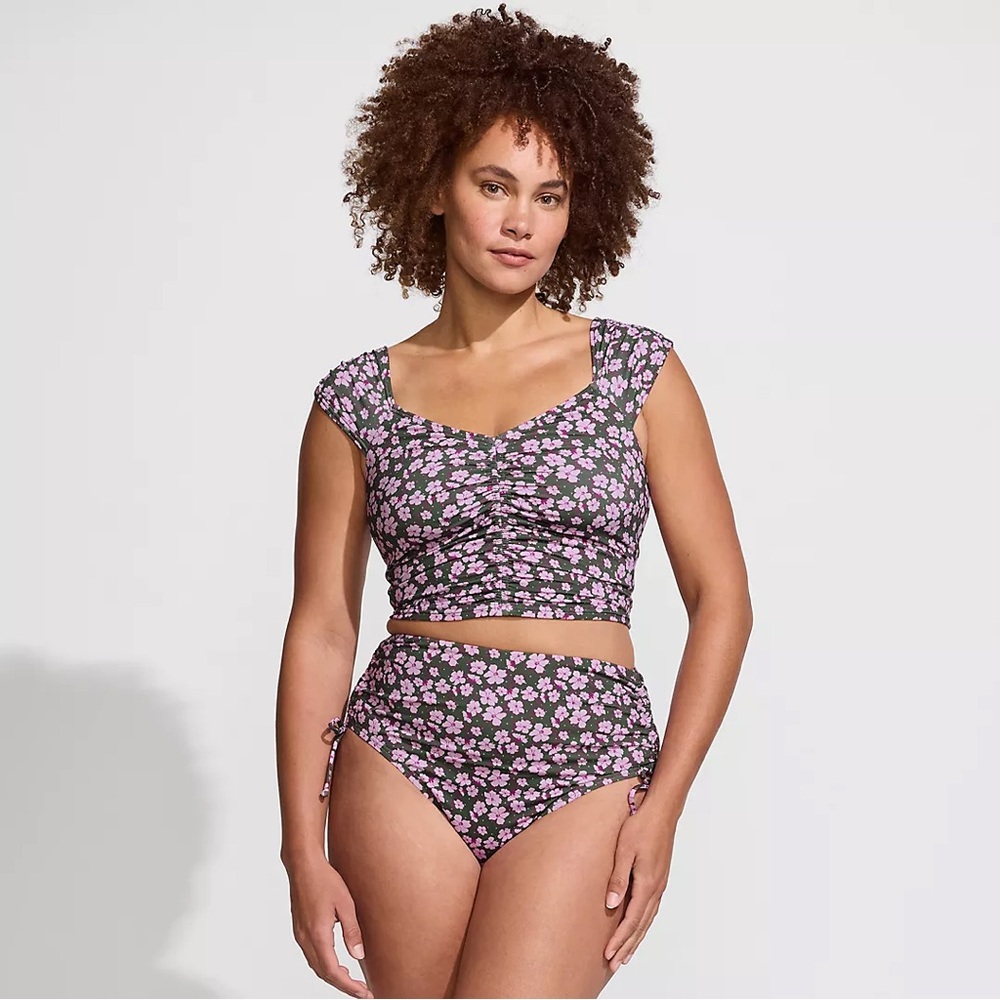Lands' End Olive Green Pansy Floral Bikini Top